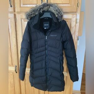 Marmot Women's Black Puffer Coat with Faux Fur Trim